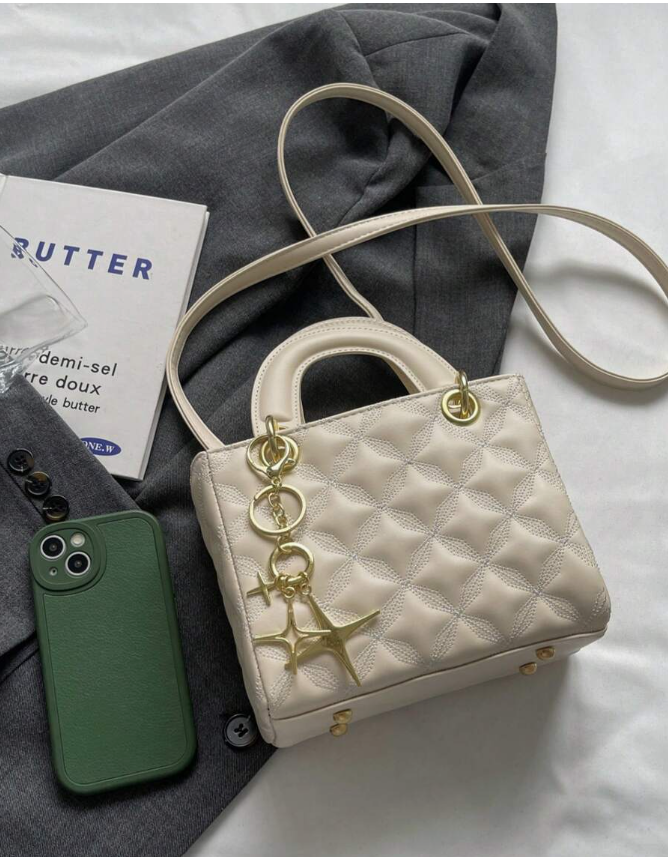 Quilted Pattern Solid Color Pu Handbag With Pendant Decoration