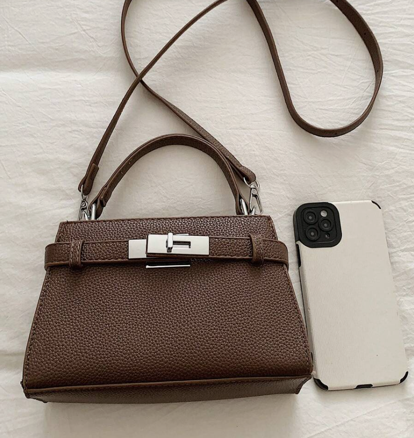 Coffee Lychee Pattern Ladies Handbag, Fashionable Shoulder Strap Decoration Adjustable